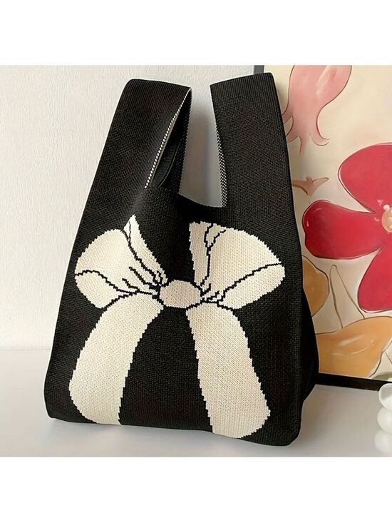Boutique Handbags - Heavy Woven Knit Bow Pattern Tote Purse Bag Japanese Knot Closure Style